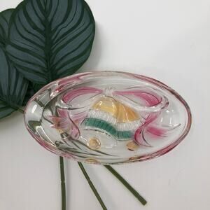 Glass Holiday Christmas Red Yellow Green Bell Ribbon Oval Candy Food Bowl Dish